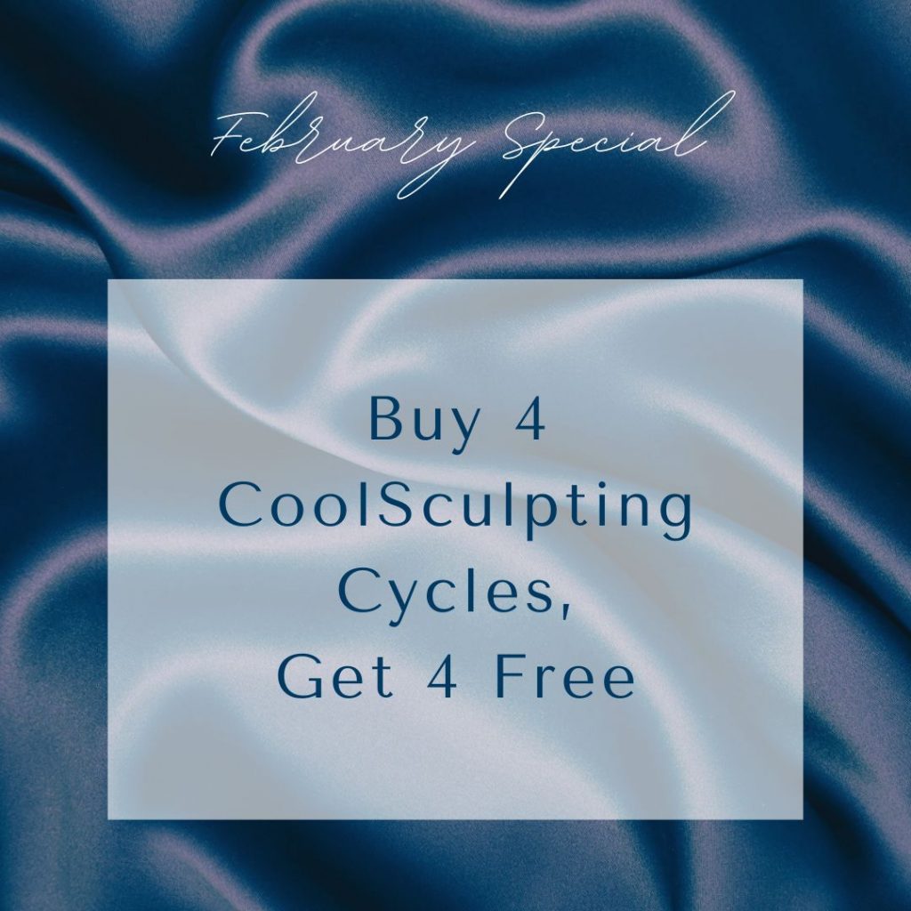 february med spa specials graphic - buy 4 coolsculpting cycles get 4 free